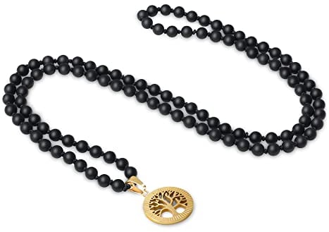 COAI Geschenkideen Unisex Verknotete 108 Mala Kette Meditationskette Gebetskette aus Mattem Onyx mit Lebensbaum Charm