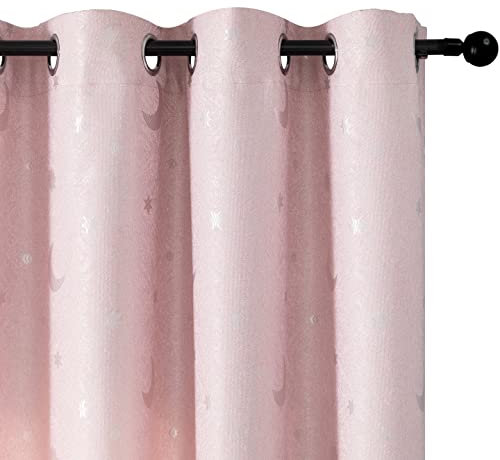 GIRASOLE HOME® Coppia Tende Jacquard Semi Oscuranti Fantasia Luna e Stelle Tenda Morbida Termica Isolante per Camera Cameretta e Interni 2 Pannelli con Occhielli (Rosa Stelle, 140x275cm)