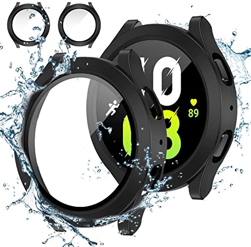 [2Stück] Neitra wasserdichte Hülle für Galaxy Watch 5 2022 & 4 2021 44mm Schutzhülle mit Glass Displayschutzfolie, Hart PC Voller Körper Kratzfest Gehäuse Cover für Samsung Watch5 Watch4