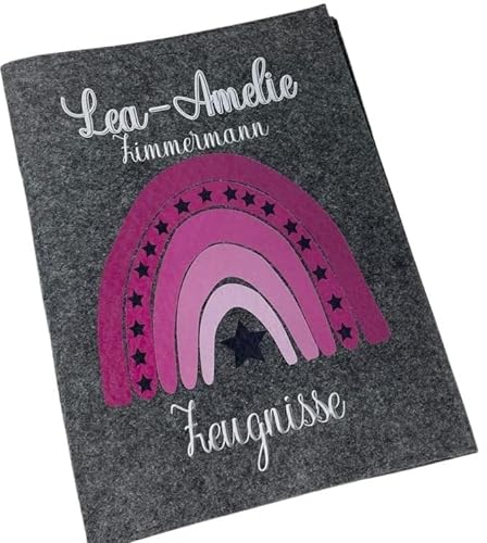Zeugnismappe mit Namen(A4) aus Filz Regenbogen Junge Mädchen Dokumentenmappe Zeugnishefter Pink