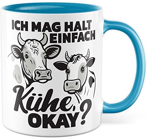 Kühe Tasse mit Spruch lustig Kuh Kaffeetasse Bäuerin Kaffee-Becher Rinder Kuhstall Tasse Ich mag halt einfach Kühe Witz Tasse Humor Bauer Bauernhof Tierhalter Tiere Landwirtschaft Landwirt (Weiß/Blau)