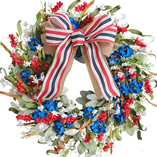 Egolot 20 Inch Patriotic Red White Blue Flowers Wreath for Front Door, Forth of July Lamb Ears Leaves Wreath for Inside and Outside, Memorial Day Independence Day Burlap Bow Home Decor