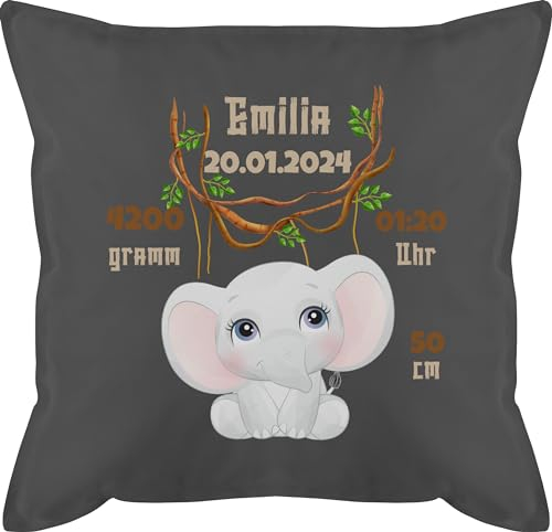 Kissen 50x50 - Geburtsgeschenk Elefant Datum Gewicht Uhrzeit Größe I Geschenk zur Geburt - 50 x 50 cm - Grau - personalisiertes geburtskissen personalisierte Baby Elefanten männerkissen Junge