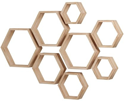 Sechseckige Wandregale Wabenförmige Regale 8er-Set Wandmontierte Holzregale im Landhausstil Wand-Aufbewahrungsregal für Badezimmer, Küche, Schlafzimmer, Wohnzimmer ,Flur, Büro, Dekor- Wanddekoration