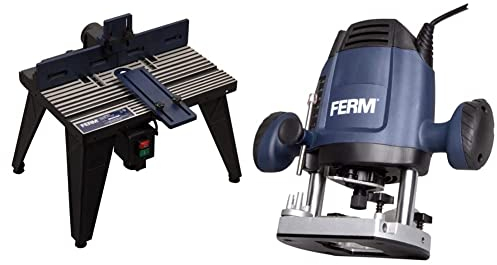 FERM Banco per Fresatrice. Adatto a fresatrici con piastra base fino a 162mm. & Fresatrice verticale 1200W - 6,8 mm. Velocità variabile. Cavo di alimentazione da 3 metri