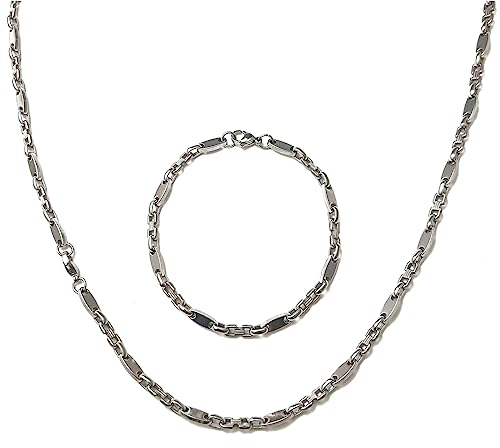 ayados Plattenkette Set Edelstahl 60,5 cm Steigbügelkette Cuban Halskette + Armband Platten Kette (Silber 4mm Plattenkette Set)