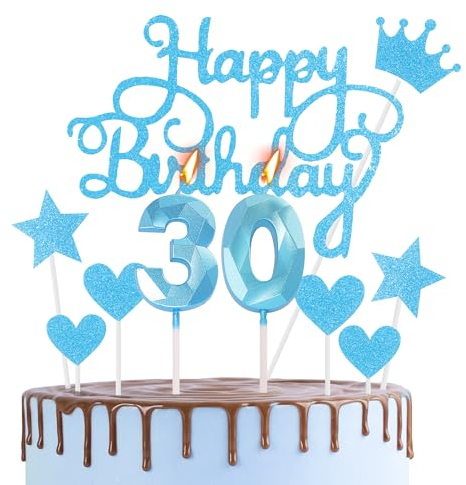 Happy 30th Birthday Cake Topper & Birthday Candles Blue Number 30 Candles for Birthday Cake - 30th Birthday Candles Cake Cupcake Topper Birthday Cake Decorations for Men Him Birthday Blue