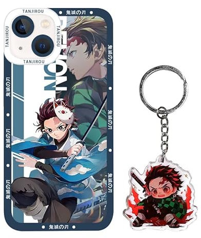 ALcoRy Anime Phone Case Compatible with iPhone 14 Pro Max, Cute Tanjirou Cartoon Case with Kawaii Keychain，Soft TPU Protective Cover for Girls Boys Kids (14PM, Tan)