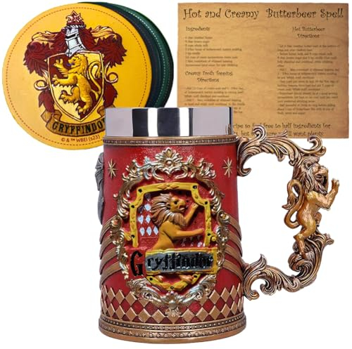 Edgell House Butterbeer Bundle beinhaltet - 1 HP Gryffindor Deko Kelch - Zauberer Schulhaus Untersetzer 4er Set - 1 Ultimate Butterbeer Rezept