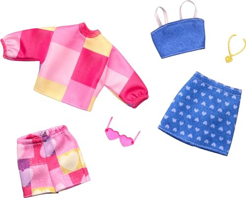 Barbie Fashions - Set di abbigliamento con 2 abiti per bambola alla moda, tra cui gonna rosa e blu, pantaloncini, 2 top e 2 accessori