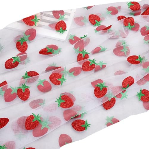 Yurosiay Erdbeer Tüllstoff 160×100cm Glitzer Rote Erdbeere Tüll Dekostoff DIY Tüllstoff Meterware Niedlich Erdbeer Tüll Netzstoff Tüllband Tüll Stoff Zum Nähen für Tutu Kleider Handwerk Weiße