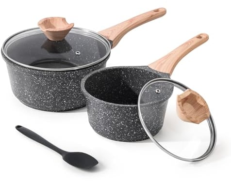 Kordisen Sauce Pan Set with Lid, 16cm+20cm Non Stick Small Pot with Granite Coating, 2-Piece Cookware Set, PFOA/PFOS Free