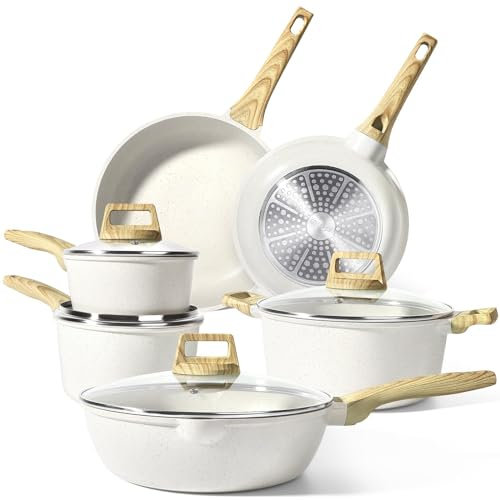 GiPP traje de olla antiadherente y pan, traje de cocina de inducción de 10 piezas, traje de cocina de granito antiadherente con sartén, saucepans, adecuado para todas las cocinas (Blanco, 10PCS-B)