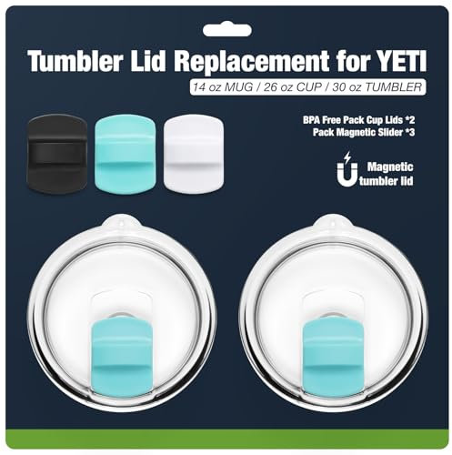 30 oz Tumbler Lids,Magnetic Tumbler Lid Replacement for YETI,BPA Free 2 Pack Seafoam Tumbler Lids & 3 Pack Magnetic Slider