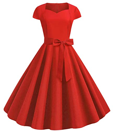 Azruma Festliches Kleid Mädchen Trägerkleid Damen Sommer Kleid Lang Damen Festlich Vintage 50Er Jahre Einfarbig V-Ausschnitt Kurzarm Rockabilly A-Line Swing Kleid Mit Gürtel (Rot, XXL)