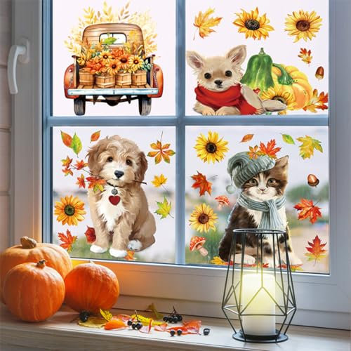 Glasaufkleber Fenster Thanksgiving Fenster Aufkleber - Herbst Blätter Dekorationen Fenstersticker Urlaub Wiederverwendbar Fensterdeko 0118