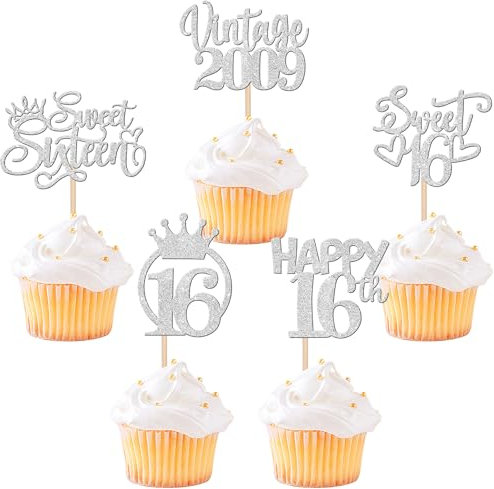 30 Stück Vintage 2009 Cupcake Toppers Glitzer Happy 16th Geburtstag Tortendeko Sweet 16 Fabulous Sixteen Kuchen Deko für 16th Geburtstag Hochzeit Jahrestag Party Silber
