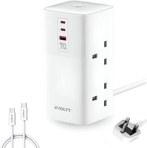 70W Tower Extension Lead with USB slots - 4 way extension lead, USB Charging Station with 4AC Sockets with 2M Power Extension Cable and 100W USB C Charger Cable For Laptop, Phones, Home or Office