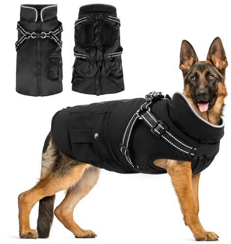 Woiil Hundemantel Hundejacke Wintermantel für Grosse Hunde, Hundemantel Winter mit Geschirr, Hunde Wintermantel Ärmellose Baumwolle Gepolsterte Weste Wasserdicht Warme Reflektierend, Schwarz XXL