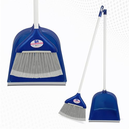 KMJ Blue-1 Pack Long Handled Dustpan and Brush Sets, Portable Cleaning Brush and Pan Set-Durable Bristles & Easy Sweep Due to Rubber Blade- Lightweight Design Broom and Dustpan Set Long Handled