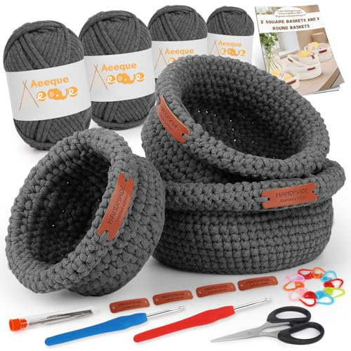 Aeeque 3pcs Körbe Häkeln Set, Rund Häkelkörbe Häkel Set mit Deutsch Anleitung für Erwachsene, Häkeln für Körbe DIY, Textilgarn zum Häkeln Tasche, Komplett Häckel Kit mit Zubehör, Grau