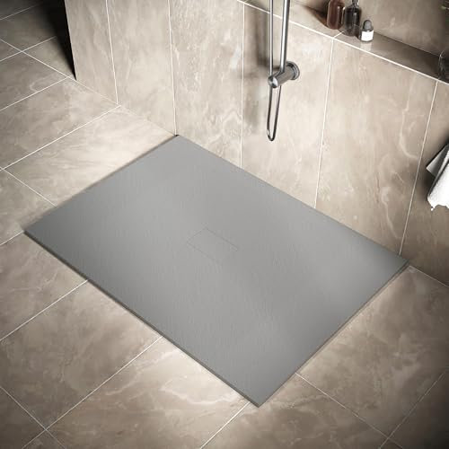 SIRHONA Receveur de Douche, 140 x 100 cm Bac à Douche Antidérapant, Rectangle Gris, Matériau en Résine SMC, avec siphon