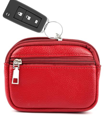 Schlüsseletui Rot, Schlüsseltasche Leder Herren und Damen, 2 Fächer Schlüsselmäppchen für Autoschlüssel, Schlüsseletui Schlüsseltasche mit Reißverschluss für Schlüssel Autoschlüssel (Schwarz) (Rot)
