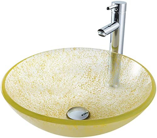 Lavabo rond pour les mains d'invités - Évier de comptoir trempé - Art moderne - Bol de lavage avec drain pop-up - Jaune, lavabo uniquement, jaune - avec robinet