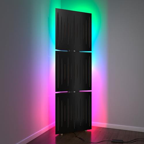 3er-Pack – Akustik-Bassfallen „PULSE“ mit Stehlampe | Mobiler Akustik-Eckständer mit LED-RGB-Hintergrundbeleuchtung | 150x50x10cm | Schallabsorption & Diffusion | Plattenfarbe: Schwarz