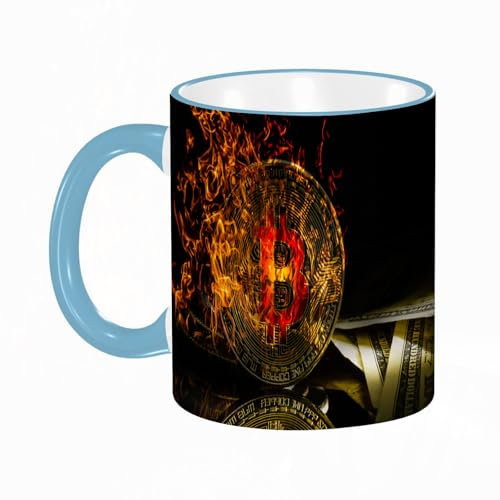 YOIUE Tasse aus Keramik - Große 11oz Tassen 330ml Kaffeetassen mit Henkel, 100% Handbemalt - Trinkgläser mit Griff - Weiß,Bitcoin, Bitmünze, BTC, Kryptowährung, Geld brennt in Flammen und Feuer funke
