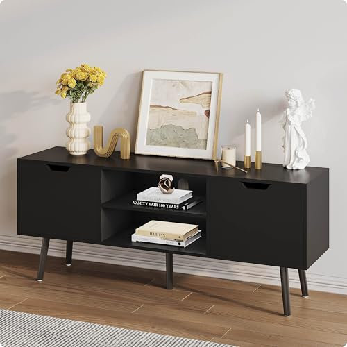 ALINE FURNITURE Mobile console TV nero – Console multimediale in legno per TV da 50 55 60 pollici – Supporto TV con contenitore – Centro intrattenimento per soggiorno e camera da letto