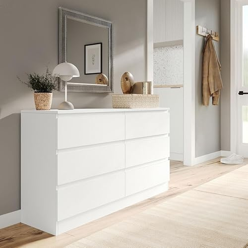 URBNLIVING Modern White Wooden Chest with 6 Drawers for Bedroom or Office Storage Versatile Bedside Table and Stylish Cabinet for Organizing Clothes Accessories Work Place Supplies and Personal Items