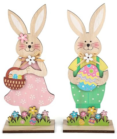 COCHIE Osterdeko Holz Hase, Osterhase Deko aus Holz, zum Hinstellen,2er Set Deko Aufsteller für Ostern,Osterdekoration Garten Osterhasen Deko Holz