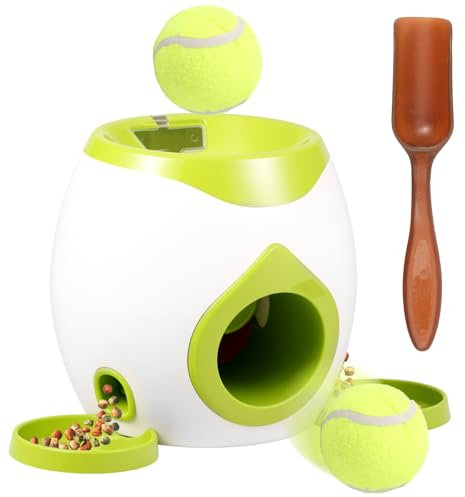 TNTGMG Lanzador de Pelotas para Perros con Dispensador Automático de Golosinas, Juguete Interactivo con 2 Pelotas de Tenis para Mascotas Pequeños y Medianos, Rompecabezas