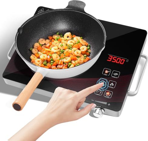 wowspeed Glaskeramikkochfeld, Induktionskochplatte Induktionskochfeld 1 Platte 3500W, Tragbares 20cm Kochplatte, 4 Kochmethode, 3-Stunden-Timer, Stufenlose Einstellung, Touch-Steuerung, 220-240V