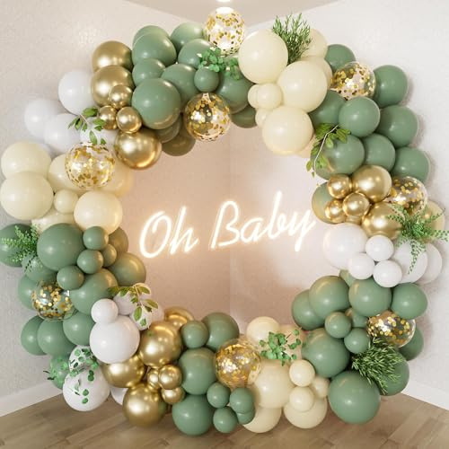 130Pcs Sage Green Gold Balloon Arch Kit,Sage Green Balloons Garland Arch Kit with Sage Green and Gold Balloon for Baby Shower,Birthday Party Decoration,Jungle Safari Party Decoration,Wedding