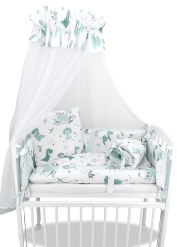 Beistellbett Baby mit Matratze und Bettwäsche – 90x40 cm – höhenverstellbar, absenkbar, aus Holz – Motiv Dino Grün – Komplettset (Hellgrün)