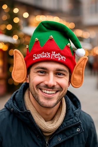 SKYTE Adult Elf Hat With Bells & Ears Red and Green Felt Elves Hat Christmas Novelty Gift Xmas Party Hats Jingle Bells Elf Fancy Dress Costume Santa's Helper Accessories for Men and Women