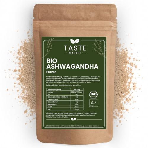 Ashwagandha Pulver BIO 200 g Ashwagandawurzel fein gemahlen 100% naturrein – für Smoothies, Säfte, Milch Taste Market