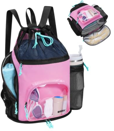 WANDF Drawstring Swim Bag, Sandproof Mesh with Wet and Dry Compartments