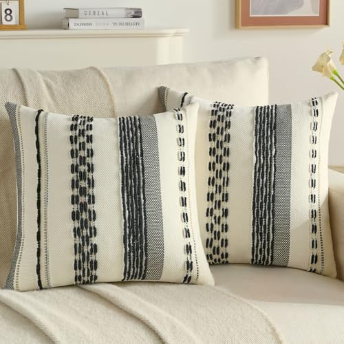 Ystyle 2er Set Boho Kissenbezug 45x45 Kissenbezüge Sofakissen, Dekoratives Kissenbezug mit Streifen und Weicher Getufteter Textur, Dekorative Dekokissen für Sofa Bett Heimdekoration, Schwarz