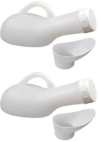 ASPIRE UK Pack of 2 White Portable Urinal Bottle with Female Funnel Leakproof Reusable Urine Bottle with Handle Unisex Toilet Aid for Men & Women
