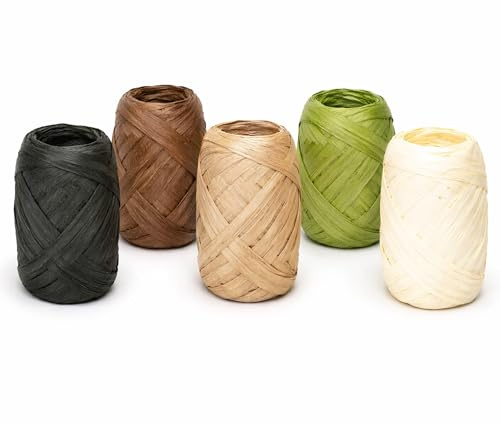 Papierband Raffiabast 5 Rollen Set je 20m - Geschenkband Raffia Papier Schnur Craft Verpackung - Bastband Papiergarn zum Binden Verzieren - Bänder für Geschenke Dekorationen - Erdtöne Mix