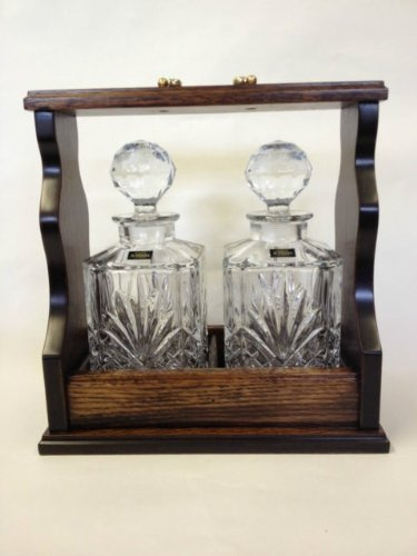 Tantalus with Solid Oak Veneered Frame, Brass Fittings plus 2 Bohemia Decanters