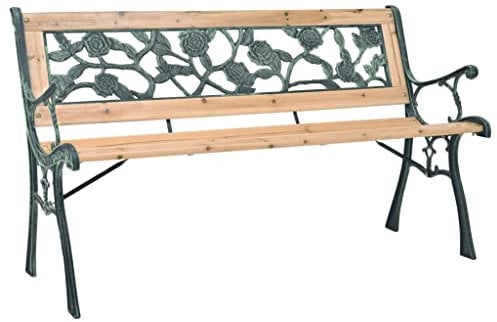 vidaXL Decorative Wooden Garden Bench with Wrought Iron and PVC Backrest - Perfect for Outdoor Use, 122x51x73 cm (Brown)