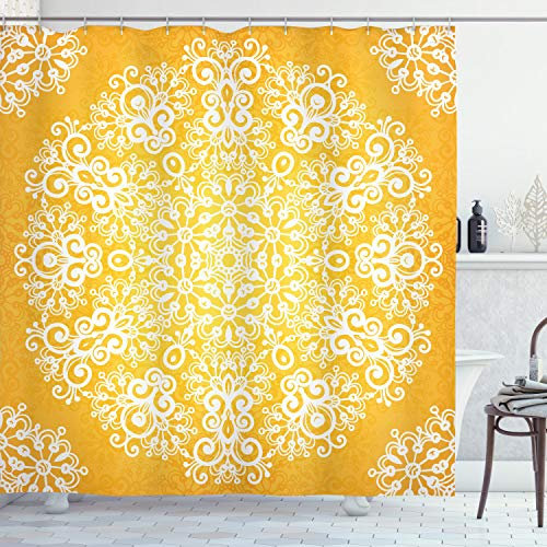 ABAKUHAUS Floral Duschvorhang, floral Schneeflocken, Stoffliches Gewebe Badezimmerdekorationsset mit Haken, 175 x 240 cm, Gelb und Weiß