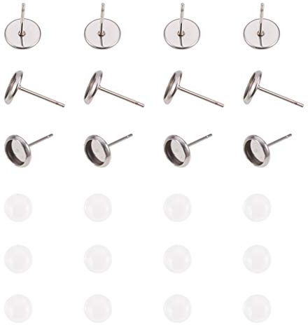 PandaHall 50 Sets 304 Edelstahl Flache RoundStud-Ohrringkomponenten und Klarglas-Cabochons für die DIY-Ohrringherstellung