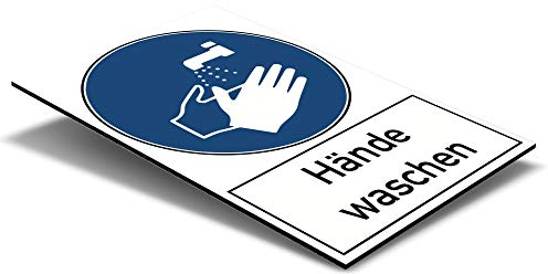 Gebotsschild/Warnschild 200x300x4 mm - Text: Hände waschen - mit Piktogramm/Alu Verbund/Metallschild/für Industrie, Ladengeschäft, Bank/Innen/Außen/UV-Beständig/Wetterfest