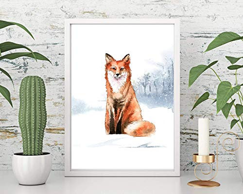 Din A4 Kunstdruck ungerahmt - Fuchs Waldtier Aquarell Winter Schnee Druck Poster Bild