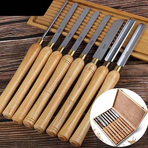 Juego cinceles para tornos madera, herramientas torneado para trabajar la madera, juego gubias acero alta velocidad con asas madera dura de hoja HSS en estuche almacenamiento de madera (8 piezas)